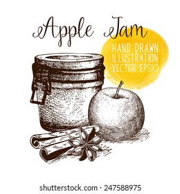 Ink hand drawn apple jam jar illustration on white background. Harvest autumn illustration