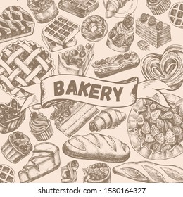 Ink hand drawn background with berry pies, cakes, desserts, pastries, bread. Food elements collection. Vector illustration with brush calligraphy style lettering. Menu or signboard template.