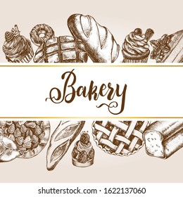 Ink hand drawn background with berry pies, cakes, desserts, pastries, bread. Food elements collection. Vector illustration. Menu or signboard template.