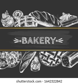 Ink hand drawn background with berry pies, cakes, desserts, pastries, bread. Food elements collection. Vector illustration. Menu or signboard template.