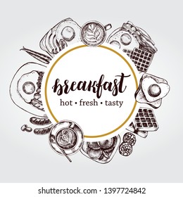 Ink hand drawn background with breakfast dishes - fried eggs, sausages, bacon, coffee. Food elements collection with brush calligraphy style lettering. Vector illustration. Menu or signboard template.