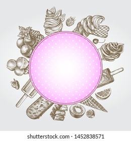 Ink hand drawn background with different types of ice cream. Food elements collection for menu or signboard design. Vector illustration.