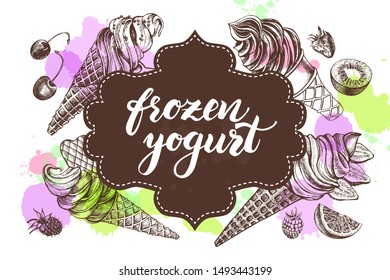 Ink hand drawn background with ice cream, frozen yogurt. Food elements collection for menu or signboard design with brush calligraphy style lettering. Vector illustration.