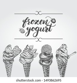 Ink hand drawn background with ice cream, italian dessert gelato, frozen yogurt. Food elements collection for menu or signboard design. Vector illustration with brush calligraphy style lettering.