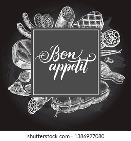 Ink hand drawn background with meat and grill products, bacon, salami and sausages. Food elements collection with brush calligraphy style lettering. Vector illustration. Menu or signboard template.