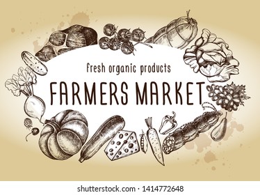 Ink hand drawn background with meat products, vegetables, fruits, cheese. Food elements collection. Vector illustration, Farmer Market Design Concept. Menu or signboard template.