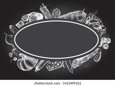 Ink hand drawn background with meat products, vegetables, fruits, cheese. Food elements collection. Vector illustration, Farmer Market Design Concept. Menu or signboard template.