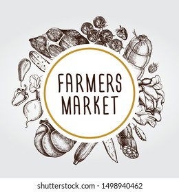 Ink hand drawn background with meat products, vegetables, fruits, cheese. Food elements collection. Vector illustration, Farmer Market Design Concept. Menu or signboard template.