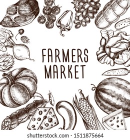 Ink hand drawn background with meat products, vegetables, fruits, cheese. Food elements collection. Vector illustration, Farmer Market Design Concept. Menu or signboard template.
