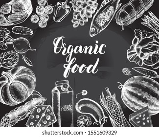 Ink hand drawn background with meat products, vegetables, fruits, cheese. Food elements collection. Vector illustration, Farmer Market or organic store Design Concept. Menu or signboard template.