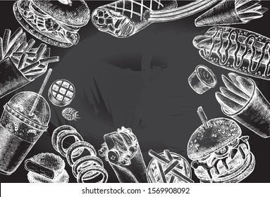 Ink hand drawn background of various burgers, hot dog, burrito, French fries, nuggets. Food elements collection for menu or signboard design. Vector illustration.