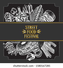 Ink hand drawn background of various burgers, hot dog, burrito, French fries, nuggets. Food elements collection for menu or signboard design. Vector illustration.