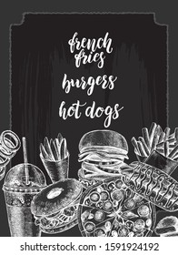 Ink hand drawn background of various burgers, hot dog, French fries, nuggets. Food elements collection for menu or signboard design. Vector illustration.