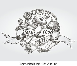 Ink hand drawn background of various burgers, hot dog, burrito, French fries, nuggets. Food elements collection for menu or signboard design. Vector illustration.