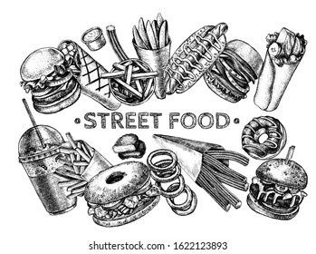 Ink hand drawn background of various burgers, hot dog, burrito, French fries, nuggets. Food elements collection for menu or signboard design. Vector illustration.