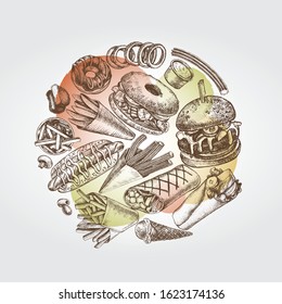 Ink hand drawn background of various burgers, hot dog, burrito, French fries, nuggets. Food elements collection for menu or signboard design. Vector illustration.