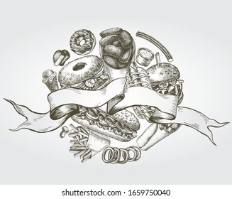 Ink hand drawn background of various burgers, hot dog, burrito, French fries, nuggets. Food elements collection for menu or signboard design. Vector illustration.