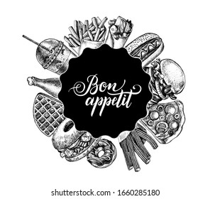 Ink hand drawn background of various burgers, hot dog, burrito, French fries, nuggets. Food elements collection for menu or signboard design. Fast food, street food. Vector illustration.