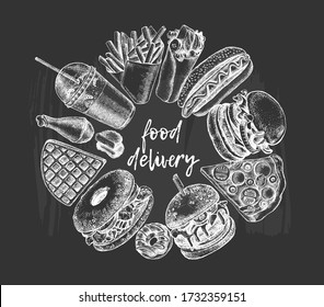 Ink hand drawn background of various burgers, hot dog, burrito, French fries, nuggets. Food elements collection for menu or signboard design. Fast food, street food. Vector illustration.