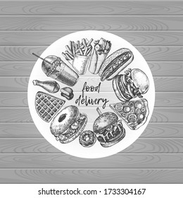 Ink hand drawn background of various burgers, hot dog, burrito, French fries, nuggets. Food elements collection for menu or signboard design. Fast food, street food. Vector illustration.