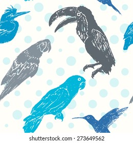 Ink hand drawn birds seamless pattern