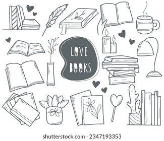 Ink hand drawn book set. Collection of books doodle sketch style. Love for books and reading concept, vector illustration