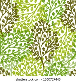 Ink hand drawn botanical seamless pattern with plant leaves