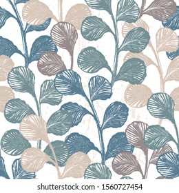 Ink hand drawn botanical seamless pattern with plant leaves