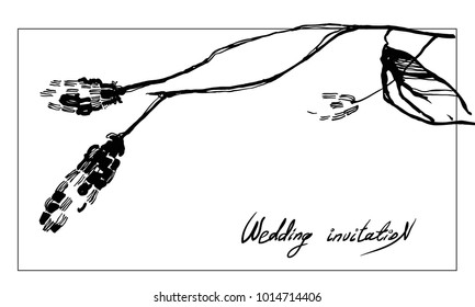 Ink hand drawn botanical stalk. Vintage nature element for visit card or wedding invitation. Stylish flower, fancy blossom. Black line botanical cosmetic. Herbal culm.