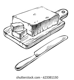 Ink Hand drawn Butter. Fresh slice of butter on the wooden broad. Sketch Piece of butter with knife.