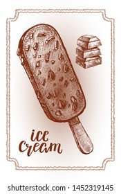 Ink hand drawn chocolate popsicle ice cream. Vector illustration with brush calligraphy style lettering.