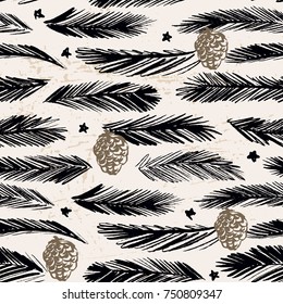 Ink hand drawn christmas tree seamless pattern with branches and cones ornament