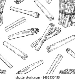 Ink Hand drawn Cinnamon seamless pattern. Vintage cinnamon sticks pattern. Stylish black and white vector illustration. Exotic spice. Endless texture. Botanical background