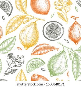 Ink hand drawn citrus fruits backdrop. Vector lemons seamless pattern with citrus fruits, flowers, seeds, leaves, branches sketches. Perfect for packing, greeting cards, invitations, prints. 
