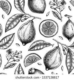 Ink hand drawn citrus fruits backdrop. Vector lemons seamless pattern with citrus fruits, flowers, seeds, leaves sketches. Perfect for packing, greeting cards, invitations, prints.  Lemons outlines