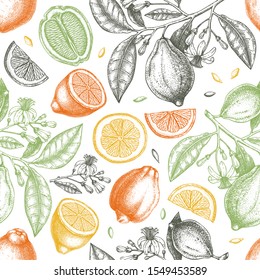 Ink hand drawn citrus fruits backdrop. Vector lemons seamless pattern with citrus fruits, flowers, seeds, leaves, branches sketches. Perfect for packing, greeting cards, invitations, prints. 