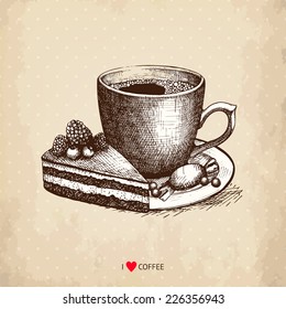 Ink hand drawn coffee cup with chocolate cake illustration on aged background. Vintage vector coffee illustration. I love coffee