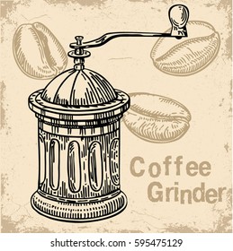 Ink hand drawn coffee grinder illustration on aged background. Vintage vector coffee illustration.