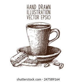 Ink hand drawn coffee pot and coffee cup illustration on white background. Vintage vector coffee illustration. I love coffee
