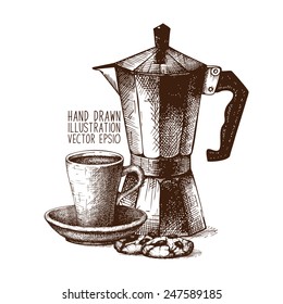 Ink hand drawn coffee pot and coffee cup illustration on white background. Vintage vector coffee illustration. I love coffee