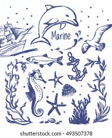 Ink hand drawn collection of marine world