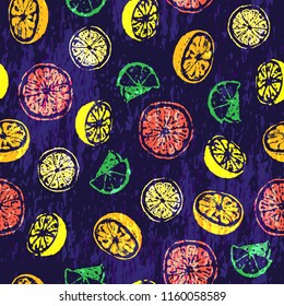 Ink hand drawn colored ink seamless pattern with different kind of citruses