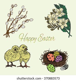 Ink hand drawn colorful easter set with chicks, nest, eggs, flowers and pussy-willow