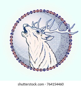 Ink hand drawn crying deer head on light background. Animal in vintage style. Outdoor activity travel symbol, tourism. Isolated vector illustration for poster, card, t-shirt design