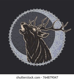 Ink hand drawn crying deer head on black background vector illustration