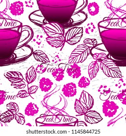 Ink hand drawn cup of raspberry tea illustration.
