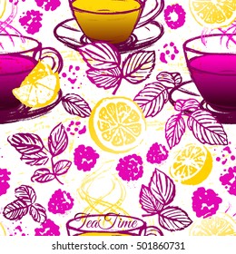 Ink hand drawn cup of raspberry tea with lemon illustration. Common cold treatment seamless pattern.