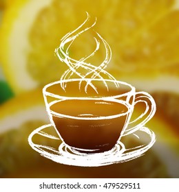 Ink hand drawn cup of tea on blurred photo background with sliced lemons
