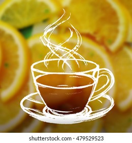 Ink hand drawn cup of tea on blurred photo background with sliced lemons