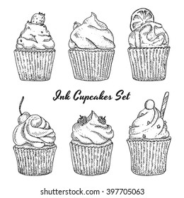 Ink hand drawn cupcakes set, isolated 